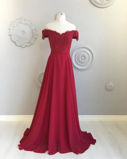 A Line Off The Shoulder Floor Length Burgundy Lace Prom Dresses Bridesmaid Dresses