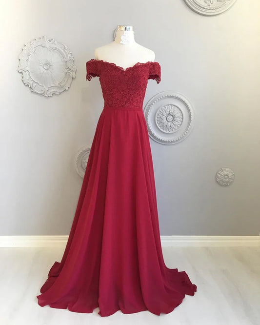 A Line Off The Shoulder Floor Length Burgundy Lace Prom Dresses Bridesmaid Dresses