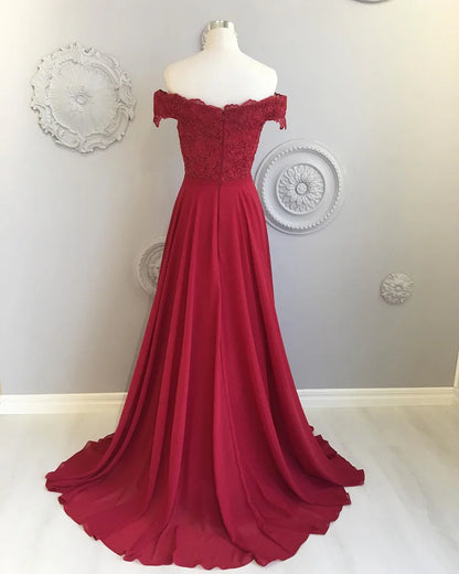 A Line Off The Shoulder Floor Length Burgundy Lace Prom Dresses Bridesmaid Dresses