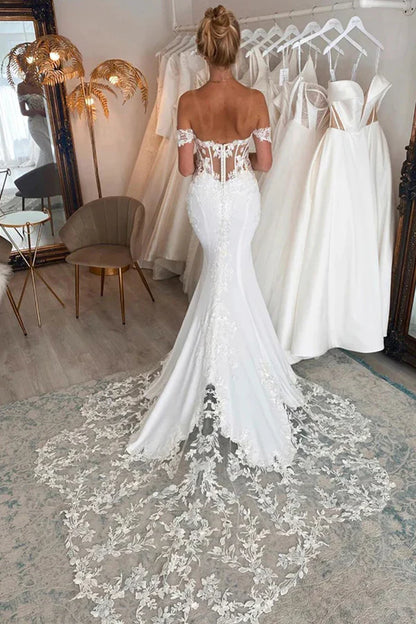 Off the Shoulder Mermaid Bridal Gown with Scalloped Lace Train Wedding Dress