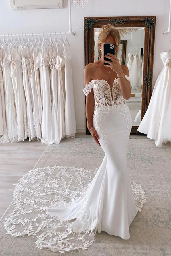 Off the Shoulder Mermaid Bridal Gown with Scalloped Lace Train Wedding Dress