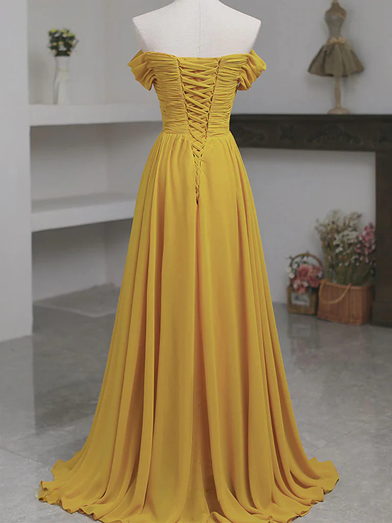 Yellow Off the Shoulder Chiffon Long Prom Dresses Formal Bridesmaid Dresses With Split