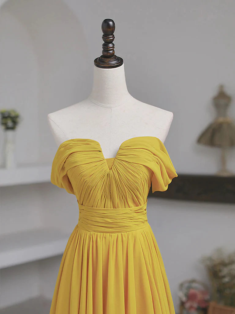 Yellow Off the Shoulder Chiffon Long Prom Dresses Formal Bridesmaid Dresses With Split