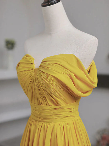 Yellow Off the Shoulder Chiffon Long Prom Dresses Formal Bridesmaid Dresses With Split