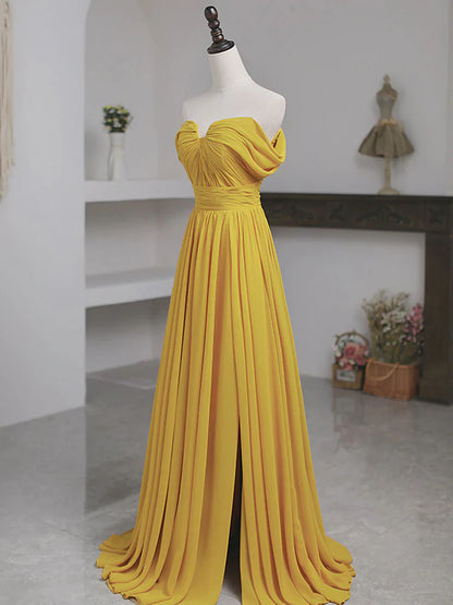 Yellow Off the Shoulder Chiffon Long Prom Dresses Formal Bridesmaid Dresses With Split