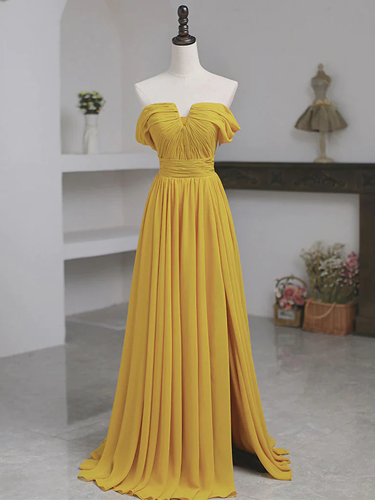 Yellow Off the Shoulder Chiffon Long Prom Dresses Formal Bridesmaid Dresses With Split