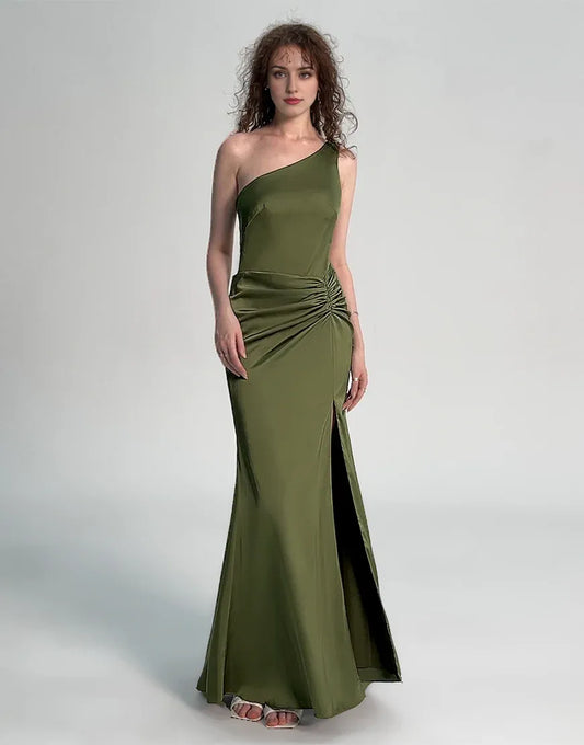 Elegant Olive Green One-Shoulder Pleated Backless High-Slit Mermaid Maxi Dress