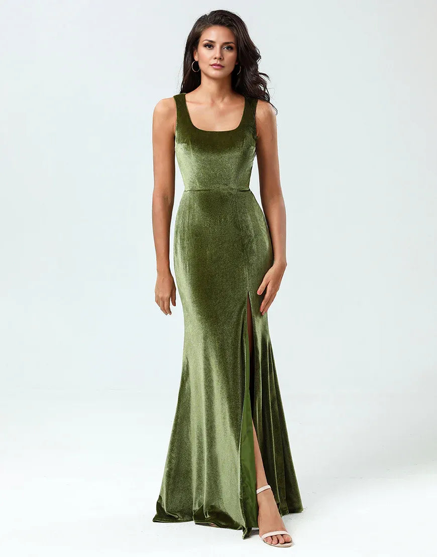 Mermaid Square Neck Olive Wrap The Buttocks Long Bridesmaid Dress with Slit