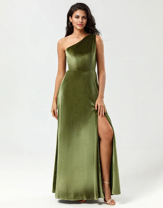 One Shoulder A Line Velvet Green Bridesmaid Dress with Slit