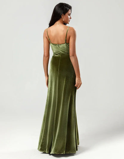 Velvet A Line Green Spaghetti Strap Bridesmaid Dress with Slit