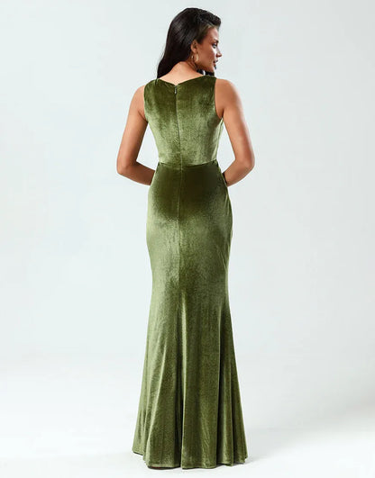 Mermaid Square Neck Olive Wrap The Buttocks Long Bridesmaid Dress with Slit