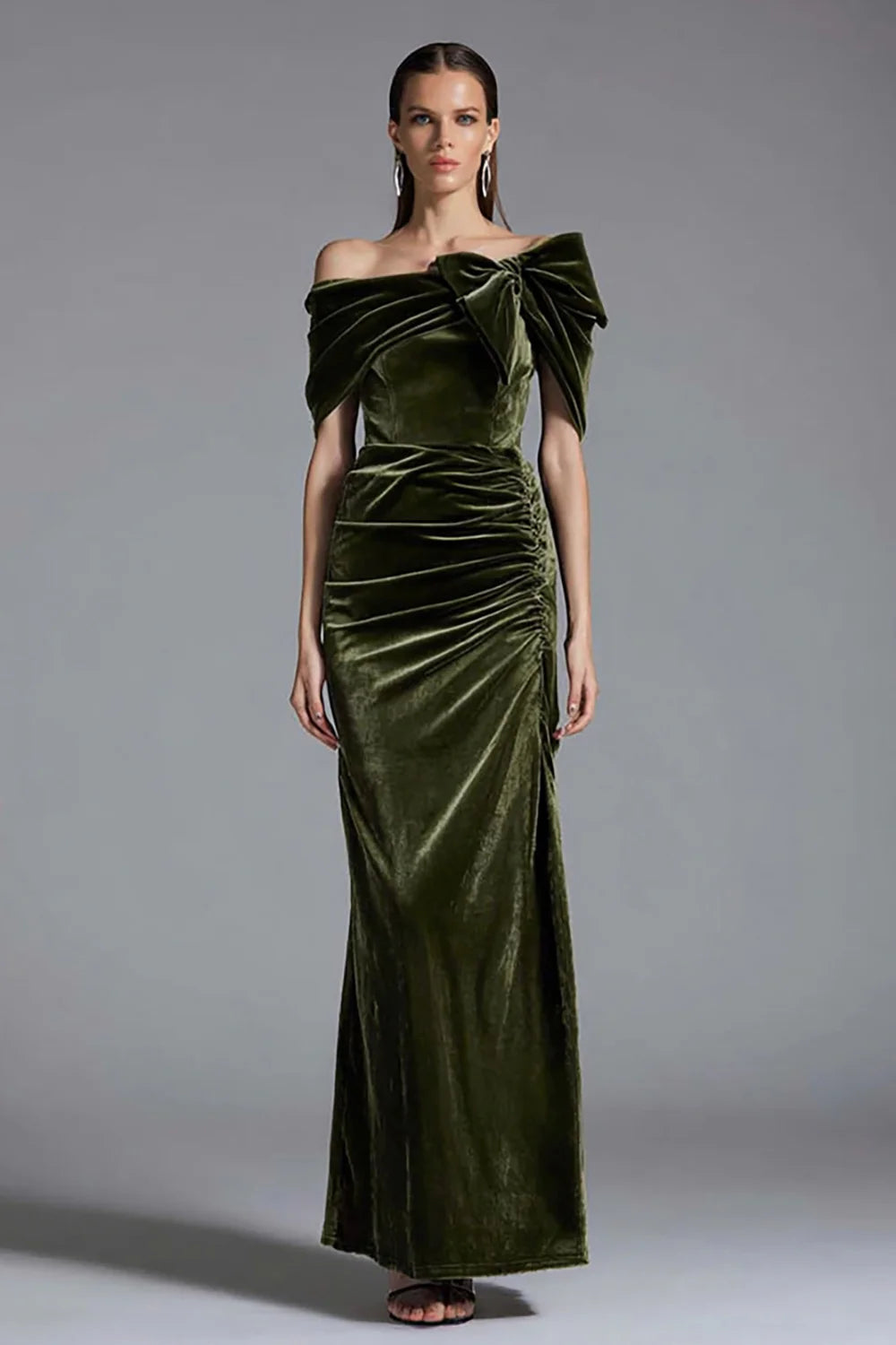 Opulent Olive Green Velvet Off-Shoulder Oversized Bow Ruched Mermaid Evening Dress