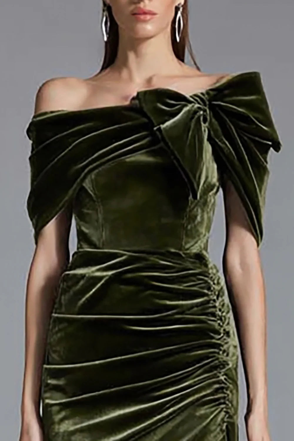 Opulent Olive Green Velvet Off-Shoulder Oversized Bow Ruched Mermaid Evening Dress