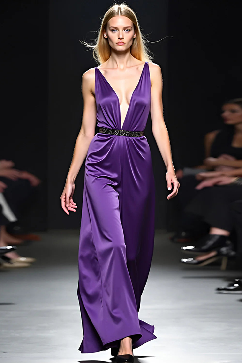 Opulent Royal Purple Satin Beaded Strap Deep V Neck Open Back Wide Leg Evening Dress