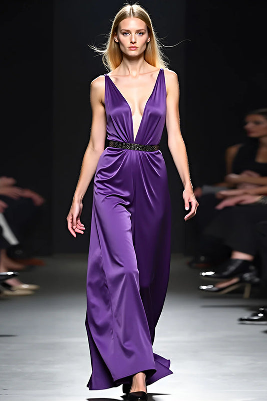 Opulent Royal Purple Satin Beaded Strap Deep V Neck Open Back Wide Leg Evening Dress
