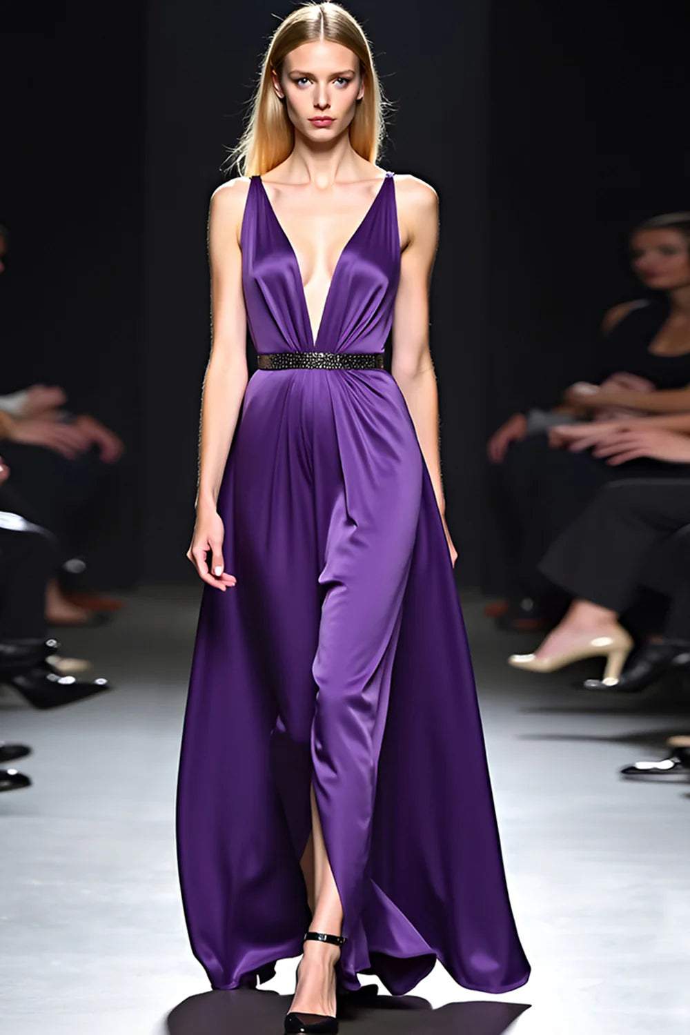 Opulent Royal Purple Satin Beaded Strap Deep V Neck Open Back Wide Leg Evening Dress