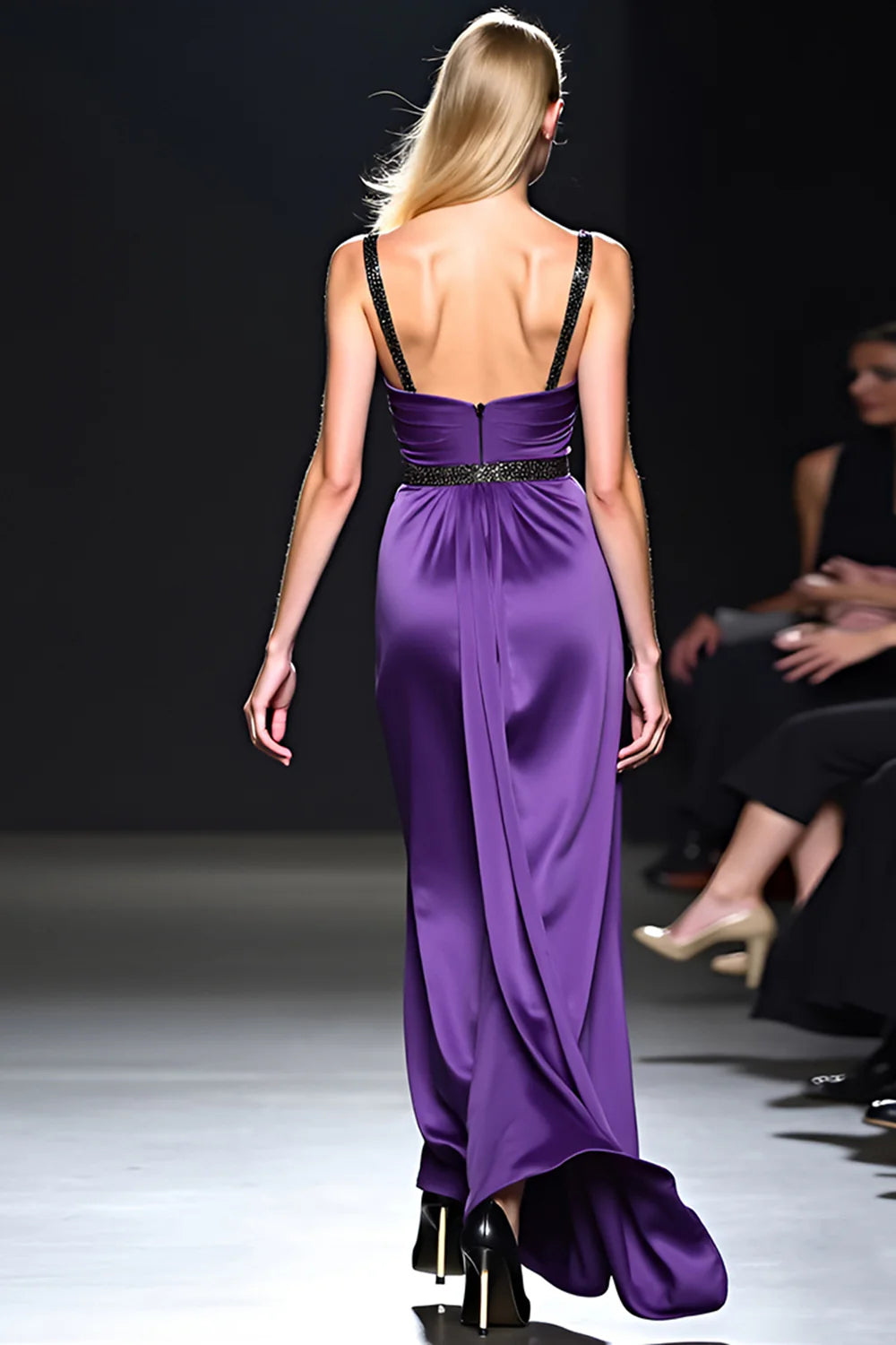 Opulent Royal Purple Satin Beaded Strap Deep V Neck Open Back Wide Leg Evening Dress