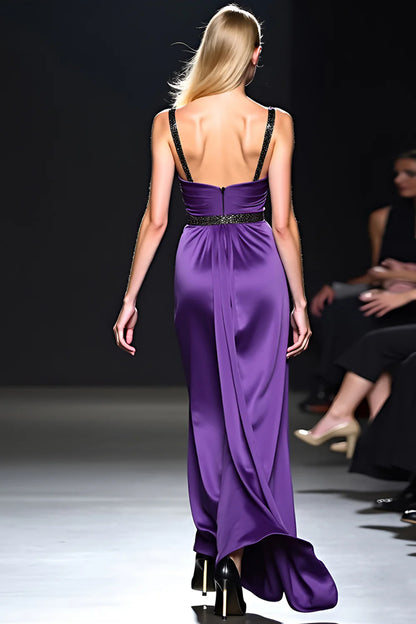 Opulent Royal Purple Satin Beaded Strap Deep V Neck Open Back Wide Leg Evening Dress