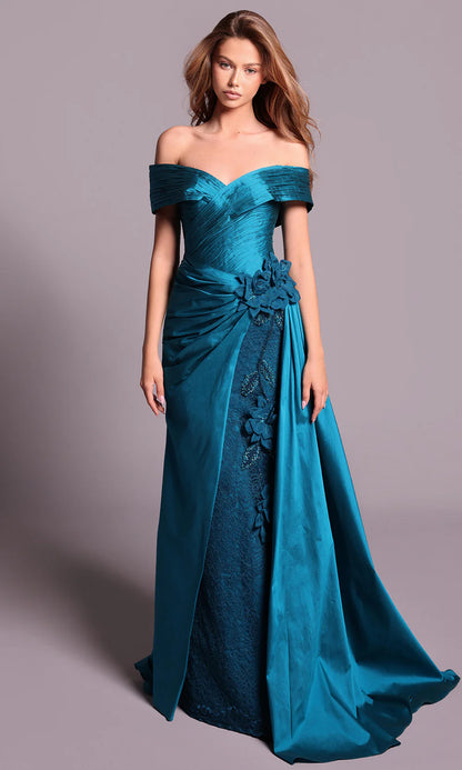 Opulent Teal Satin Off-Shoulder Lace Embellished Fitted Mermaid Train Evening Dress
