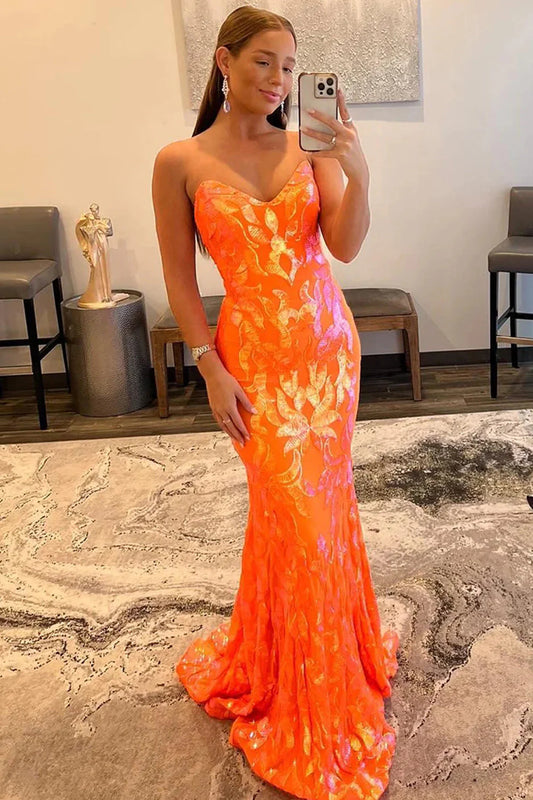 Orange Mermaid Off-the-Shoulder Sweetheart Lace-Up Back Long Prom Dress