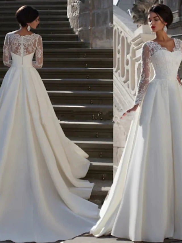 A-Line Wedding Dresses Strapless Court Train Lace Satin Long Sleeve Formal with Appliques