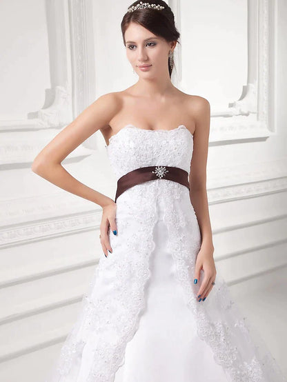 A-Line Wedding Dresses Strapless Chapel Train Lace Satin Tulle Strapless with Sashes Ribbons Bow(s) Beading