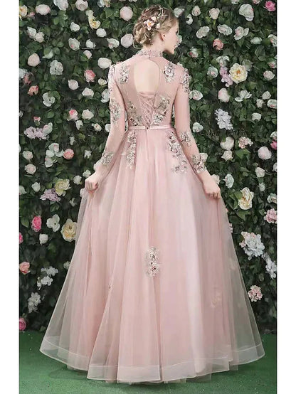 A-Line Cut Out Floral Prom Formal Evening Dress High Neck Long Sleeve Floor Length Organza with Embroidery