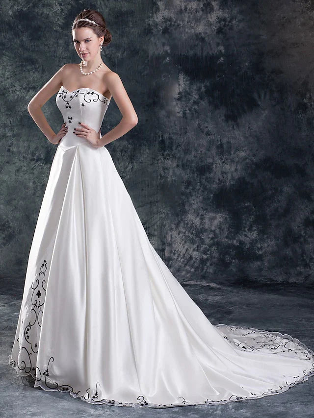 A-Line Wedding Dresses Strapless Court Train Organza Satin Strapless with Embroidery