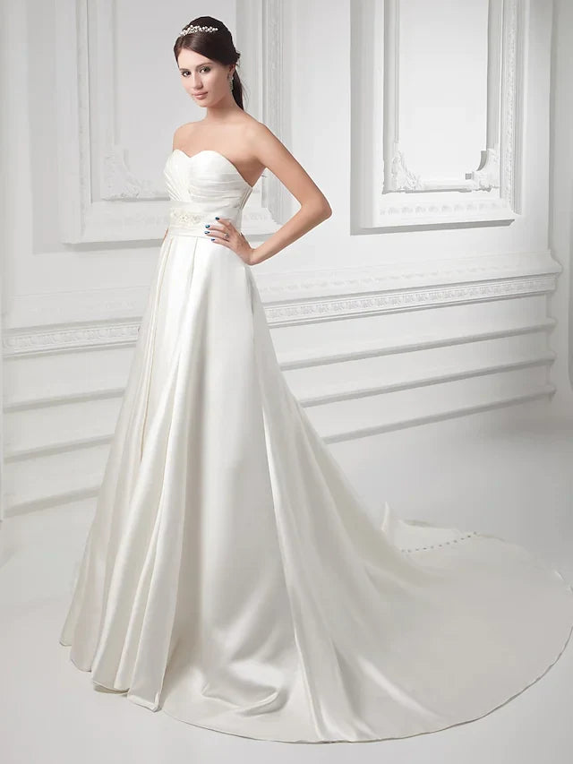 A-Line Wedding Dresses Sweetheart Neckline Court Train Satin Strapless with Buttons Ruched Beading