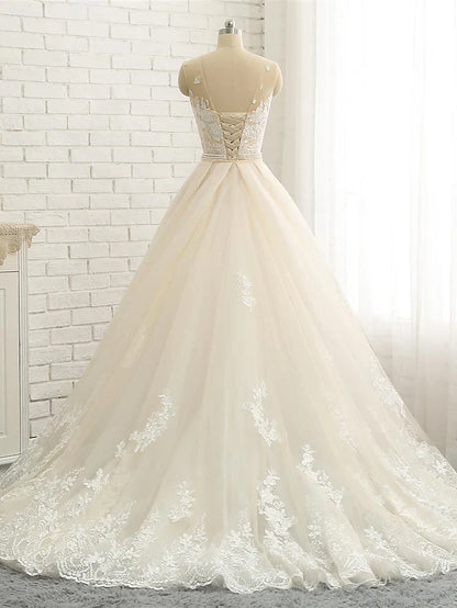 Wedding Dresses Jewel Neck Chapel Train Lace Tulle Lace Over Satin Regular Straps Formal See-Through with Sashes Ribbons Pearls Appliques