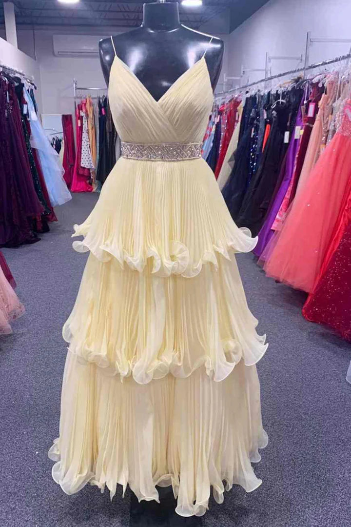 V-Neck Straps A-Line Tiered Prom Dress
