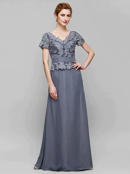 Mother of the Bride Dress Elegant V Neck Floor Length Chiffon Lace Short Sleeve with Lace