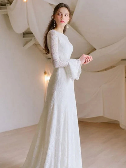 A-Line Wedding Dresses Jewel Neck Lace Long Sleeve Romantic with Appliques