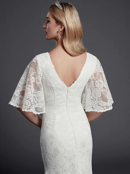 Wedding Dresses V Neck Lace Half Sleeve Beautiful Back with Lace