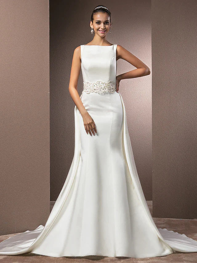 Wedding Dresses Bateau Neck Cathedral Train Satin Regular Straps Vintage Inspired with Beading