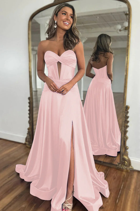 Blush Pink A-Line Off-the-Shoulder Sweetheart Zipper Back Long Satin Prom Dress With Split