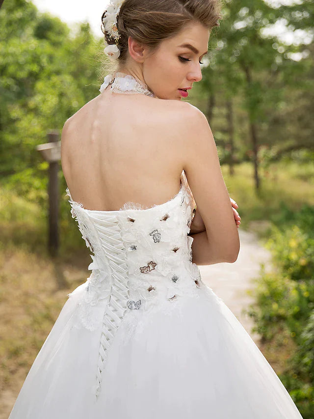 Ball Gown Wedding Dresses Sweetheart Neckline Floor Length Lace Tulle Sleeveless with Lace Appliques Flower