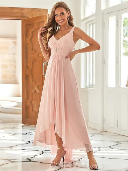 A Line V-Neck High-Low Sleeveless Floor Length Chiffon Evening Party Dress Wedding Guest Dresses