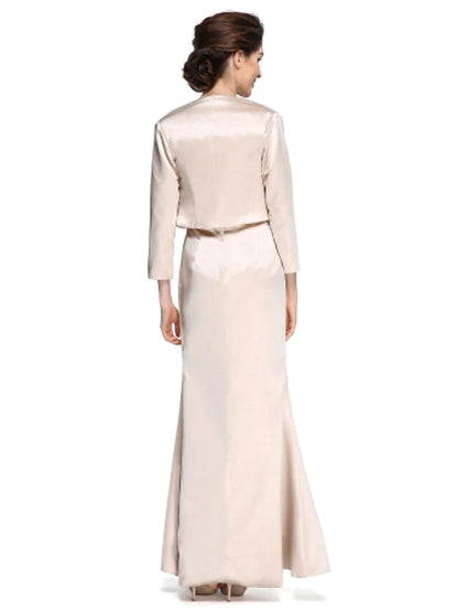 Mother of the Bride Dress Elegant Square Neck Ankle Length Satin Length Sleeve with Lace Ruched