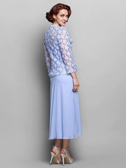 Mother of the Bride Dress Wrap Included Straps Tea Length Chiffon Lace Long Sleeve with Lace