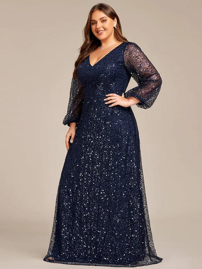 Plus Size V-Neck Lantern Long Sleeve Sequin A-Line Evening Dress/Prom Dresses Party Dresses