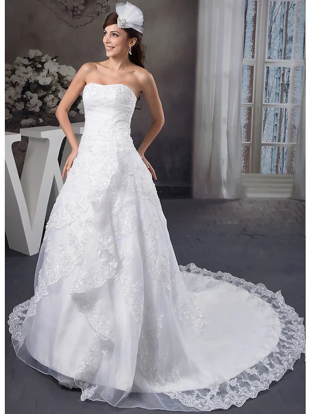 A-Line Wedding Dresses Strapless Chapel Train Lace Organza Satin Strapless with Beading Appliques Cascading Ruffles