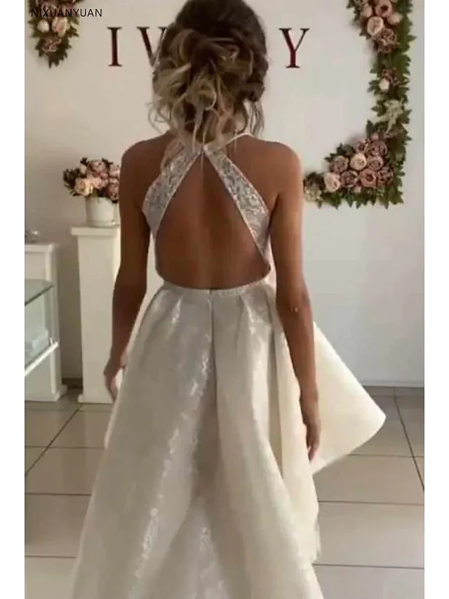 A-Line Wedding Dresses Jewel Neck Asymmetrical Knee Length Lace Organza Sleeveless Country Romantic Cute with Pleats Appliques