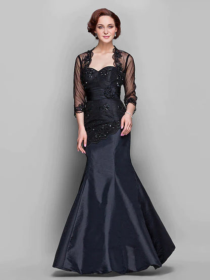 Mother of the Bride Dress Wrap Included Sweetheart Neckline Floor Length Taffeta Tulle Length Sleeve with Lace Ruched Beading