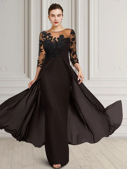 Mother of the Bride Dress Elegant Jewel Neck Floor Length Chiffon Lace 3/4 Length Sleeve with Appliques