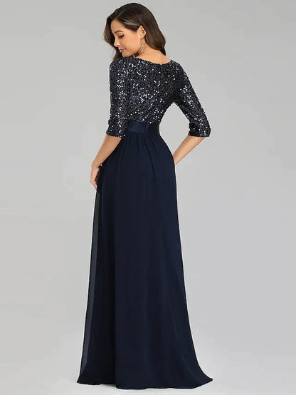 A-Line Elegant Wedding Guest Formal Evening Dress Jewel Neck 3/4 Length Sleeve Floor Length Tulle Sequined with Sequin