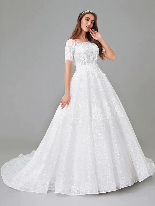 A-Line Wedding Dresses Bateau Neck Court Train Lace Satin Tulle Short Sleeve See-Through with Lace Insert Appliques