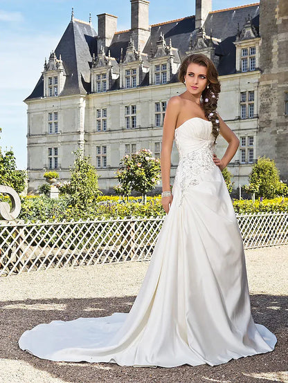 Princess A-Line Wedding Dresses Strapless Chapel Train Satin Sleeveless