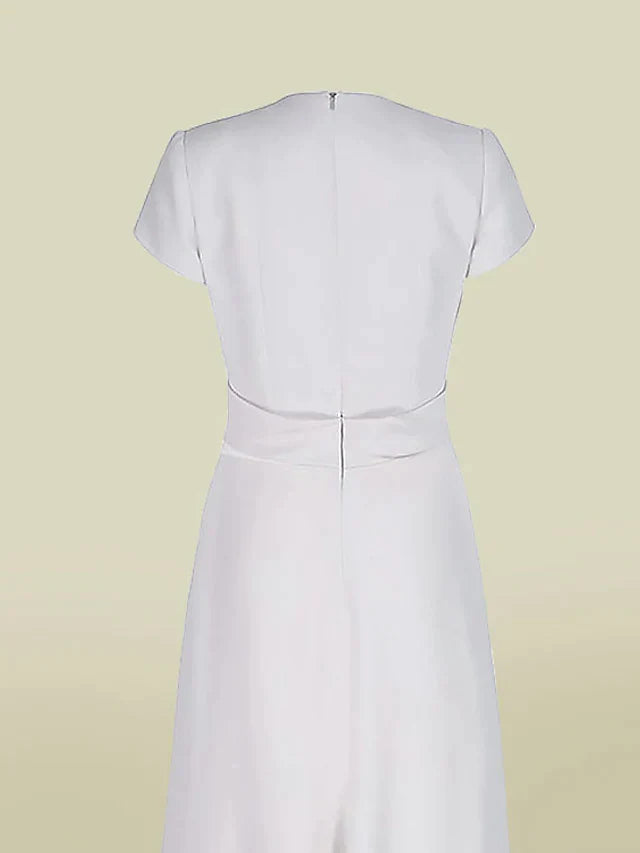 A-Line Mother of the Bride Dress Elegant V Neck Floor Length Charmeuse Short Sleeve with Pleats