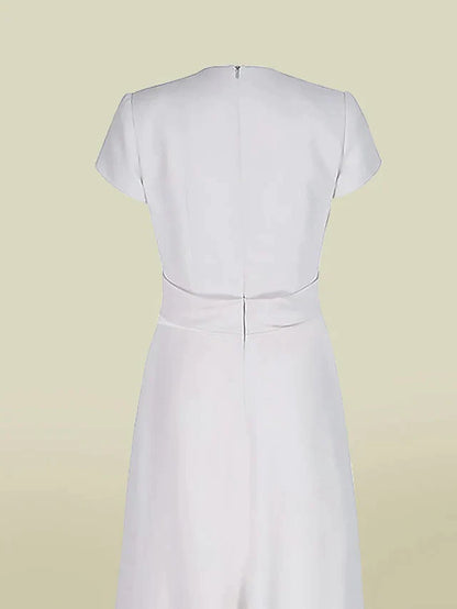 A-Line Mother of the Bride Dress Elegant V Neck Floor Length Charmeuse Short Sleeve with Pleats